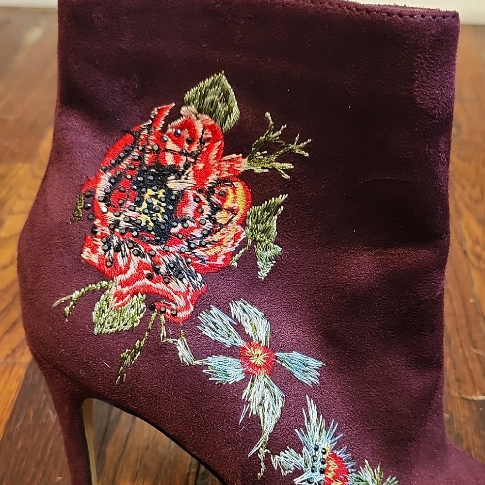 Bebe Delonix Gorgeous Eggplant Heeled Boots with Floral Embroidery - Picture 5 of 9